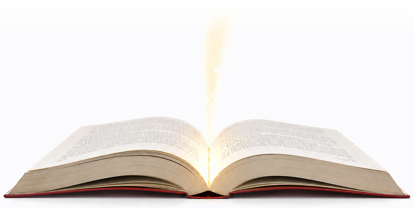 An open book, a thread of golden light rising from its pages