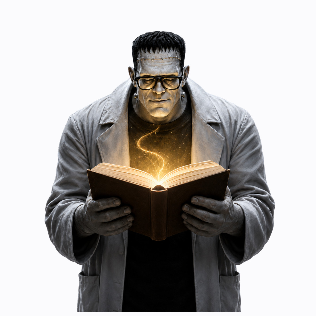 The creature in reading glasses, absorbed in a book that glows warm gold